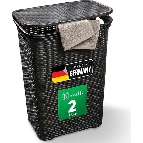 Lot de 2 paniers à linge en rotin avec couvercles 60L noir, ensemble de boîtes à linge seau à linge conteneur à linge moderne pour salle de bain