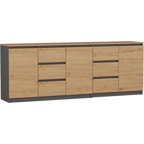 Conjunto de muebles modernos: cómoda para salón o dormitorio, color antracita/roble artesanal - 3 puertas, 6 cajones, 200 cm de ancho. (1/5)