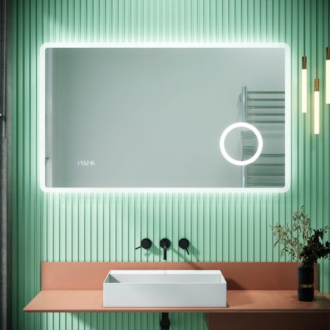 SIRHONA Miroir lumineux de salle de bain, miroir LED mural de 100x60 cm anti-buée avec miroir grossissant 3 fois, prise de courant