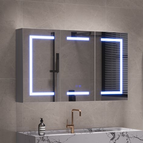 Armario de pared de baño con espejo LED táctil 100x60 cm, mueble de 3 puertas con enchufe y puertos USB - Blanco (1/5)
