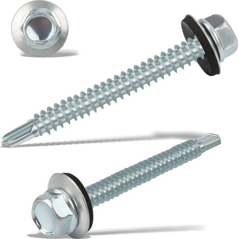 Lot de 110 vis à tôle trapézoïdale, auto-taraudeuses, 5,5 x 50 mm, à tête hexagonale, avec rondelle d'étanchéité, galvanisées, en acier inoxydable (argentées) (1/5)