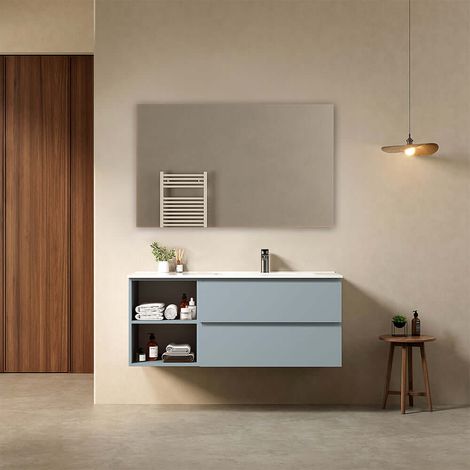 Mobile bagno sospeso 120 cm Blu Avio Lavabo a Destra in Ceramica Specchio Quadro - Fiji Paint Plus (1/4)