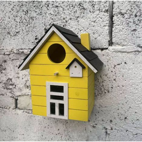 Nichoirs colorés pour oiseaux - Idéaux comme décoration ou comme nichoir pour moineaux, mésanges charbonnières ou mésanges bleues. Ce nichoir en bois jaune, de dimensions 17 x 12 x 20 cm, peut être su (1/2)