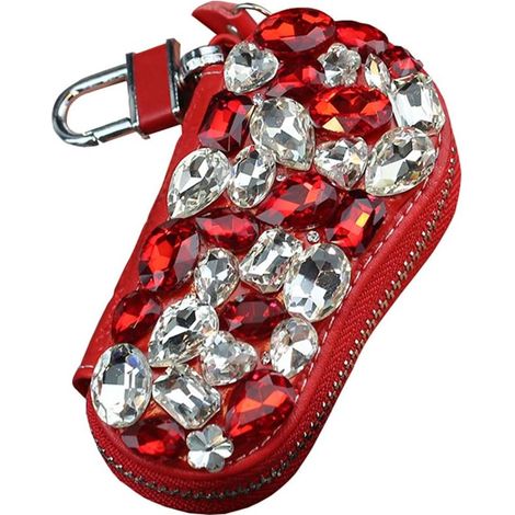 Étui à clés en cuir strass avec fermeture éclair (rouge)