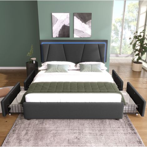 Polsterbett grau 160x200 cm mit LED, 4 Schubladen und verstellbarem Kopfteil (1/5)