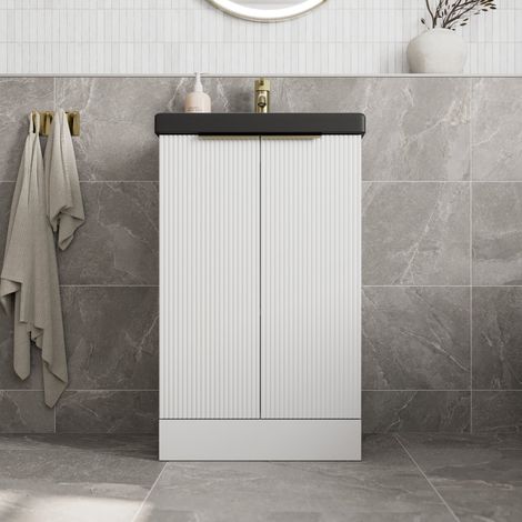 Fluted 500mm Bathroom Vanity Unit Basin Floorstanding Cupboard Soft Close White (1/5)