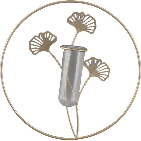Vase mural en fer tube verre transparent, vase fleur suspendu pour salon et salle à manger, feuilles ginkgo ajourées (1/5)