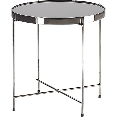 Tavolino Rotondo Piano Vetro Temperato Nero Gambe in Metallo Argentato Lucea