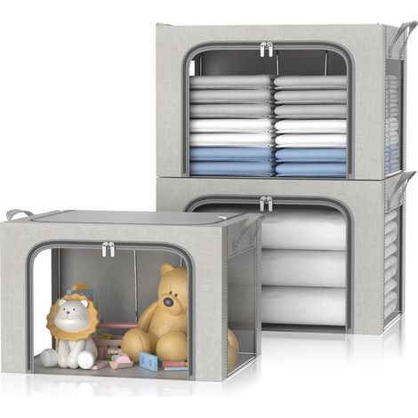 Lot de 3 boîtes de rangement imperméables pour vêtements - Cadre en acier Oxford - Double ouverture - Fermeture éclair et trois fenêtres transparentes pour ranger la literie, les couvertures (1/5)