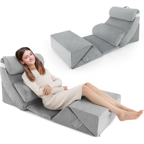 COSTWAY 7-teiliges orthopädisches Keilkissen-Set, verstellbares Bettkeilkissen mit waschbarem Bezug, Stützkissen für Sodbrennen, Schmerzlinderung, Beinhochlagerung, Schnarchen, Grau (1/5)