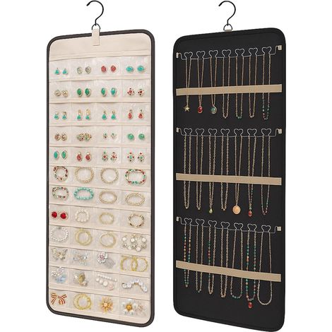 Organizador de joyas colgante, estuche enrollable de doble cara con gancho metálico giratorio de 360 grados para collares. (1/4)