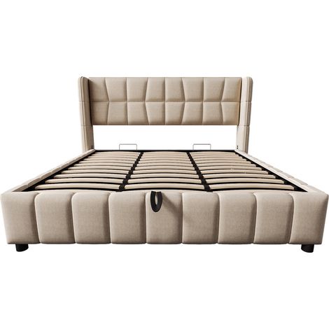 Cama tapizada 180 x 200 cm beige con somier de láminas y arcón elevable (1/5)