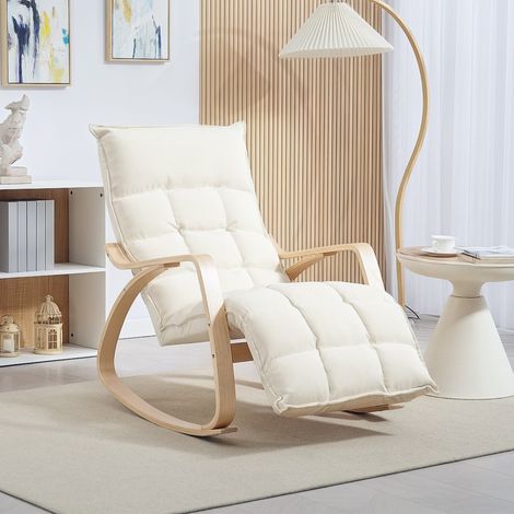 Sillón mecedora con reposapiés ajustable, respaldo acolchado, tejido de poliéster, blanco crema (1/5)