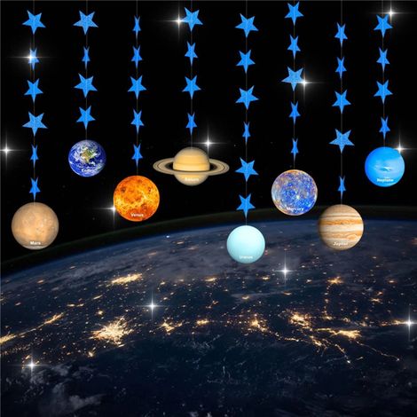 Drape Murale - Planètes Solaire et Étoiles Pailletées - En Papier - Longueur 100 à 130 cm - Décoration Intérieure - 1 Set (8 Pièces) (1/5)