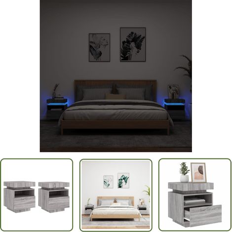 The Living Store Armoires de chevet avec lumières LED 2 pcs sonoma gris - Tables De Chevet - Meuble De Chambre - Luminaire Led - Éclairage Rgb - Rangement (1/5)