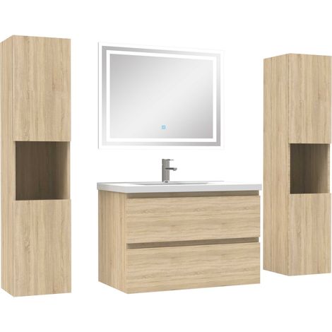 Ensemble meubles Salle de Bain 80cm avec colonne + miroir lumineux Chêne Wotan