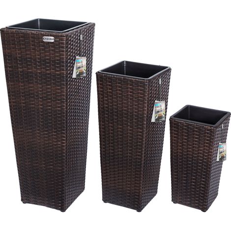 CASARIA® 3x Rattan Plant Pots  Flower Box Set  Water Drainage with Lock  Wicker Look Indoor Outdoor Flower Boxes  Entrance Decoration  Black, Brown, Cream  Brown