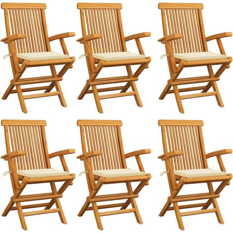 Gartenstühle mit Creme Kissen 6 Stk. Massivholz Teak (1/5)
