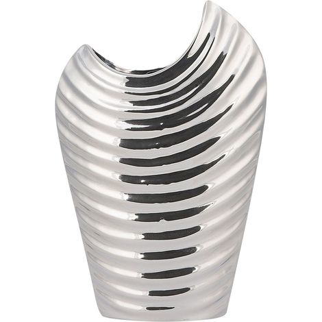 Vase Décoratif en Forme d'Élipse Cruche fabriqué en Grès Argentée Brillante 26 x 20 cm au Style Moderne et Glamour Beliani