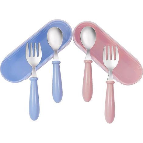 Ensemble bébé 2 pièces, fourchette et cuillère en acier inoxydable (bleu et rose) (1/5)