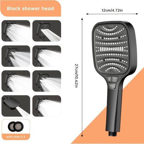 8-Mode High Pressure Shower Head, Black Handheld Rain Spray with Stainless Steel Hose and Drill-Free Wall Mount (1/5)
