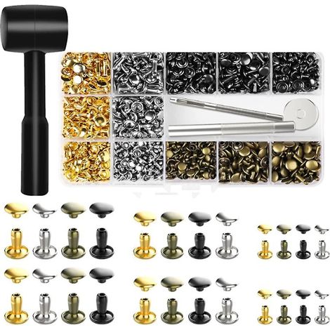 480 jeux de rivets en cuir, rivets tubulaires à double tête, 4 couleurs, 3 tailles, clous métalliques avec outils de fixation. (1/5)
