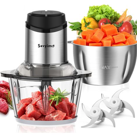 Robot de cuisine avec 2 bols (2 L + 2 L), mini hachoir électrique, 2 lames à deux niveaux, mini hachoir à viande pour la cuisine, les légumes, les oignons, les noix, les fruits, les aliments (1/5)