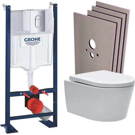 Grohe Pack WC bâti autoportant + WC sans bride SAT + Abattant softclose + Plaque chrome + Set habillage (1/5)