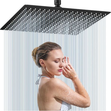 Tête de Douche Carré en Acier Inoxydable 30 x 30CM, Pommeau de Douche Haute Pression avec 144 Buses en Silicone Anti-Calcaire, Rotation 360°, Économiseur d'Eau, Installation Facile(noir) (1/5)