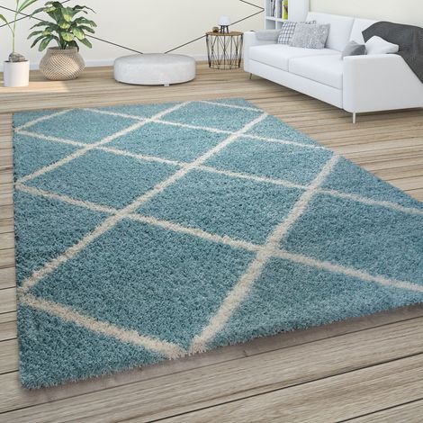 Paco Home Hochflor Teppich Weicher Wohnzimmer Shaggy Skandinavischer Stil Rautenmuster Türkis, 100x200 cm