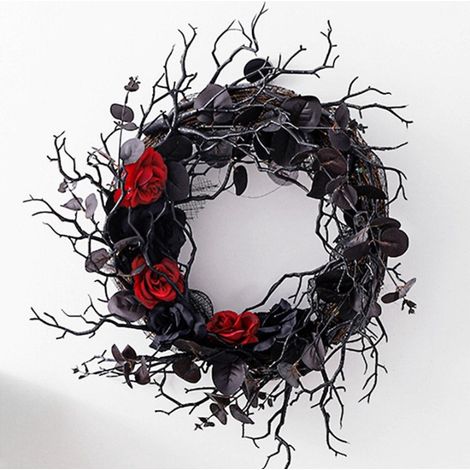Couronne en rotin imitation bois mort, fleurs noires artificielles, décoration murale et porte, suspension festive, composition pour intérieur et extérieur (1/4)