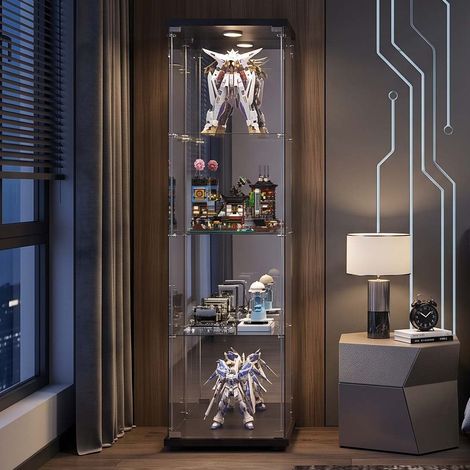 Creahappy Vitrine en Verre Trempé 4 Niveaux 42.5x36.5x164 cm - Éclairage LED et Miroir - Meuble d'Exposition Sécurisé avec Clé - Blanc (1/5)
