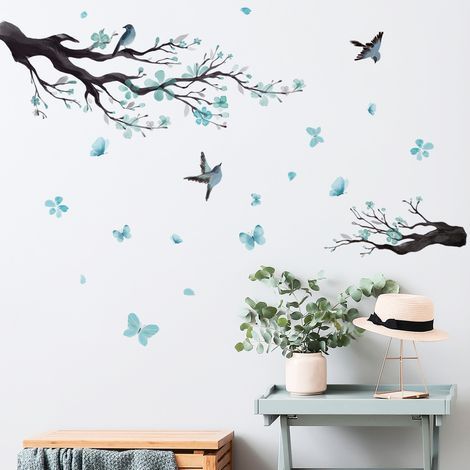 Stickers muraux Branche de fleurs Sticker mural Fleurs bleues Arbre Oiseaux