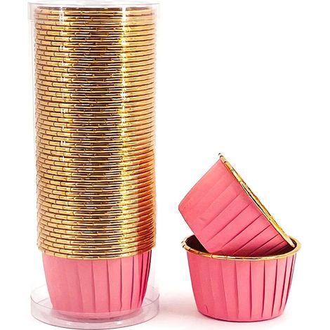 50 moules à muffins jetables, plaque de cuisson en aluminium doré, petits moules à pâtisserie (rose clair) (1/5)