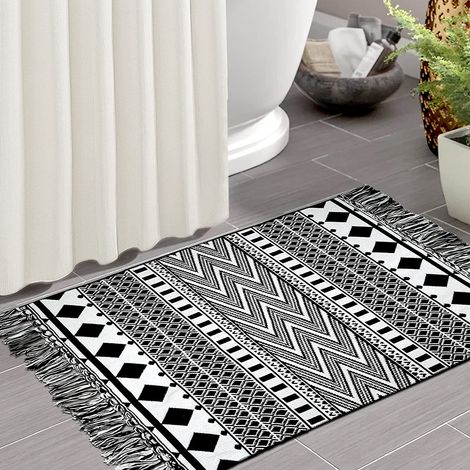 Tapis À Pompons - 60 x 90 cm - 100 % Coton Tissé Main - Réversible - Pour Salle De Bain Cuisine Chambre Entrée - 1 Pièce (1/5)
