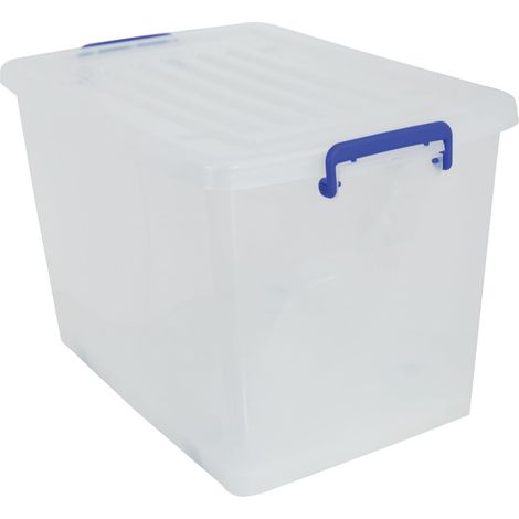 Boite de Rangement Polypropylène Blanc Transparent Poignées Bleu 100L 90 x 55 x 35 cm Couvercle Sécurisé Empilable Idéale pour Maison et Bureau