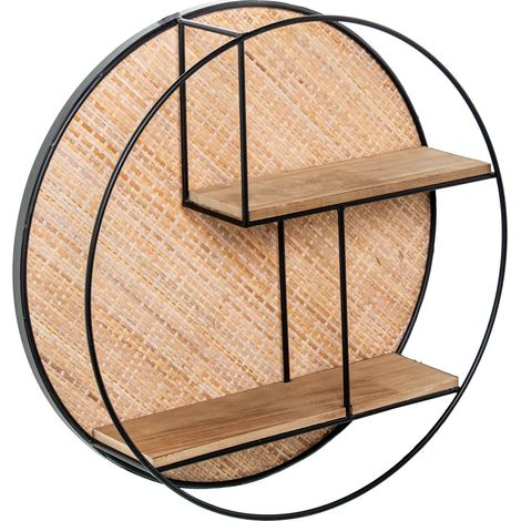 Étagère Murale Ronde avec 2 étagères en métal, Bois et Osier Naturel et Noir 50 x 13 x 50 cm (1/5)