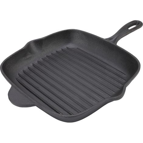 Poêle à griller en fonte extra-lourde pour steak, plaque striée carrée avec manche, 26 cm, idéale pour cuisson de viande et barbecue maison. (1/5)