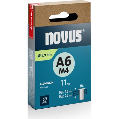 Novus Blindnietmuttern Typ M4 x 11 mm Aluminium Nietmutter 50 Stück Blindnietzange