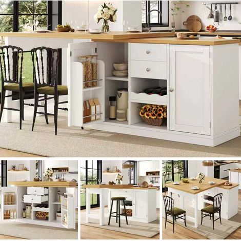 Tavolo da pranzo estraibile per isola cucina 120-197cm, girevole a 360°, con portabottiglie e ripiani per snack, porte magnetiche, Bianco/Nero, carico massimo 60kg (1/5)