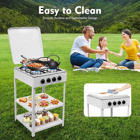 Plaque de cuisson à gaz naturel autoportante à 4 feux - Avec support antidérapant - Pour camping, camping - 49 x 49 x 79 cm - Blanc (1/5)
