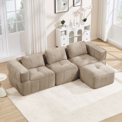 Canapé d'angle modulable 3 places convertible avec pouf, sans structure rigide, mousse résiliente 32D, assise épaisse, revêtement doux, parfait pour séjour, teinte sable. (1/5)