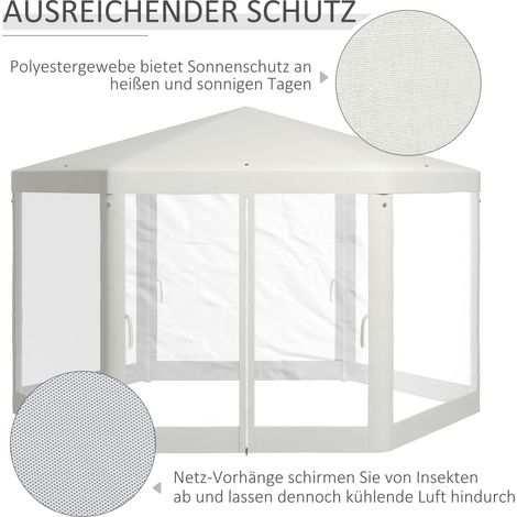 Pavillon extérieur hexagonal 6 pans avec rideaux en voile, armature en acier, dimensions 3,94 x 3,412 x 2,5 m, couleur crème (1/4)