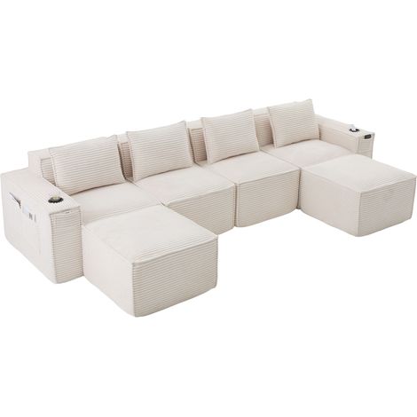 GagaCanapé modulaire 4 places, velours côtelé, 2 poufs, beige (1/5)