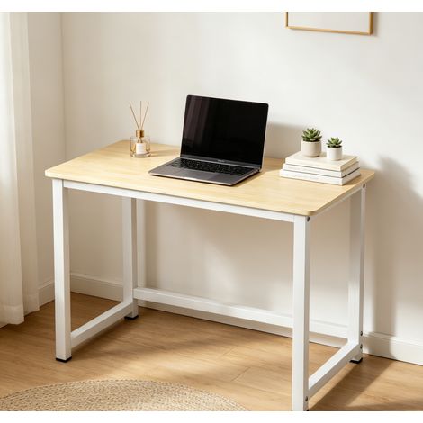 WILITTO Bureau d'ordinateur Moderne en Bois Clair - Structure Métallique Blanche, Ergonomique, Charge 100kg, 100x60x75cm (1/5)