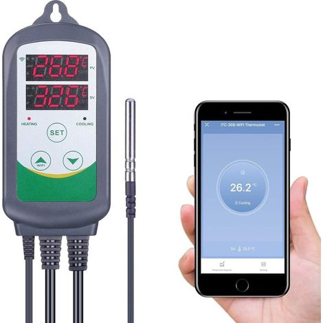 Thermostat numérique pour chauffage et refroidissement Double relais Sonde NTC IP68 2m Température -40 à 100 °C Alarme de surchauffe - ITC-308 (1/4)