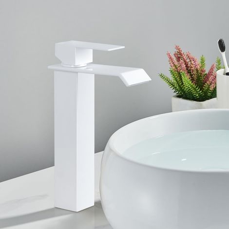 Robinet Salle de Bain Cascade Moderne Robinet Lavabo Blanc Mitigeur Lavabo avec bec Hauteur 205 mm, Accessoire pour Lavabo PTMP19W (1/5)