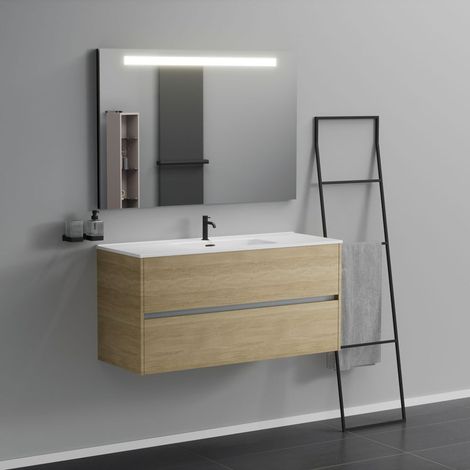Inda - Badezimmerschrank 2 Schubladen L.120 mit beleuchtetem Spiegelwaschbecken - Natureiche