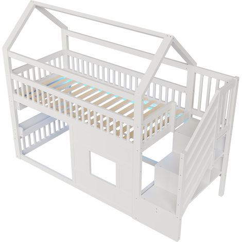 Letto a soppalco a casetta 90x200 cm con scala, contenitore e illuminazione LED, bianco (1/5)