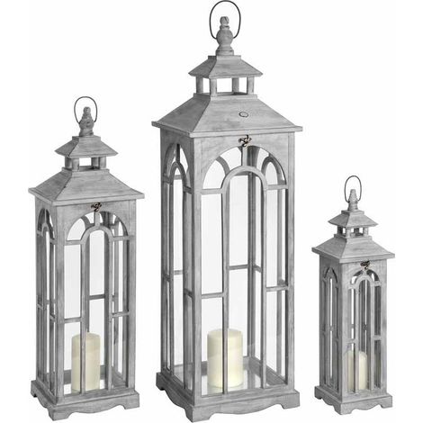 Set Of Three Wooden Lanterns With Archway Design - L31 x W31 x H104 cm